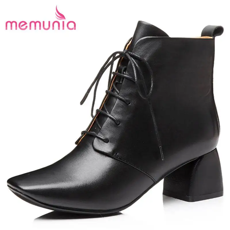 

MEMUNIA NEW 2020 fashion square toe genuine leather boots thick high heels ankle boots for women zipper lace up autumn boots