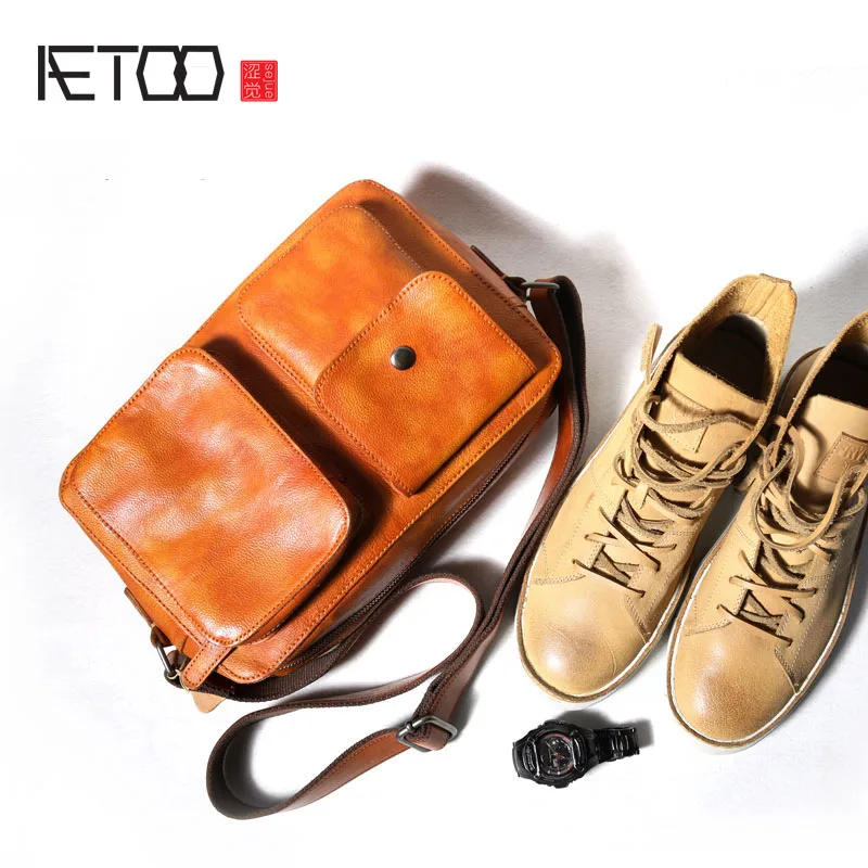 

AETOO Original retro personality men's leather bag 100% cow leather messenger bag shoulder bag men