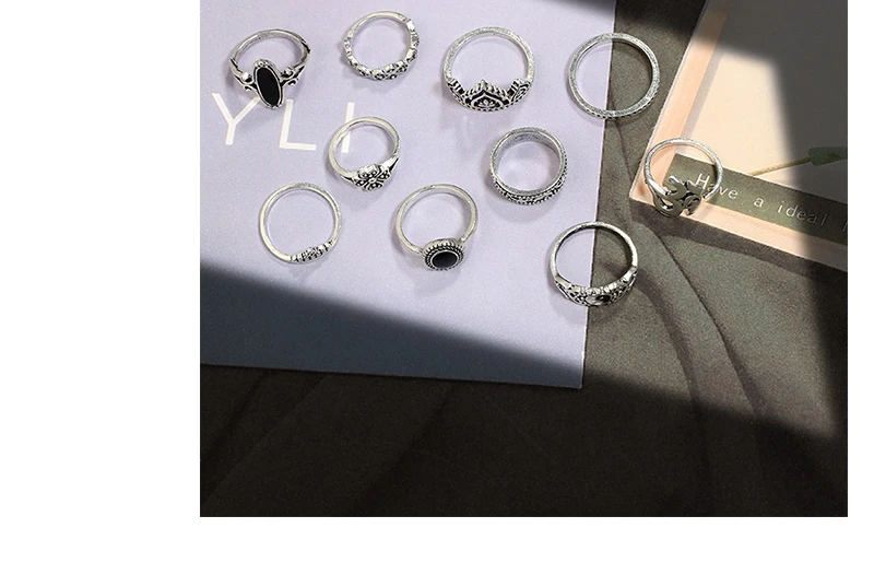 AYAYOO Bohemia Tibetan Black Stone Opal Rings Set For Woman Fashion Bijoux Silver Color Flower Crown Ring Vintage Jewelry (5)
