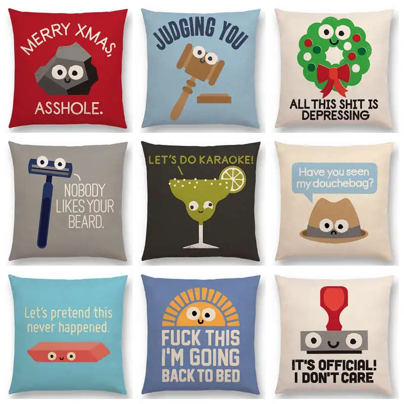 

Funny Cartoon Happy Everyday Amusing Thing Personality Words Decorative Letters Holiday Beautiful Cushion Cover Sofa Pillow Case