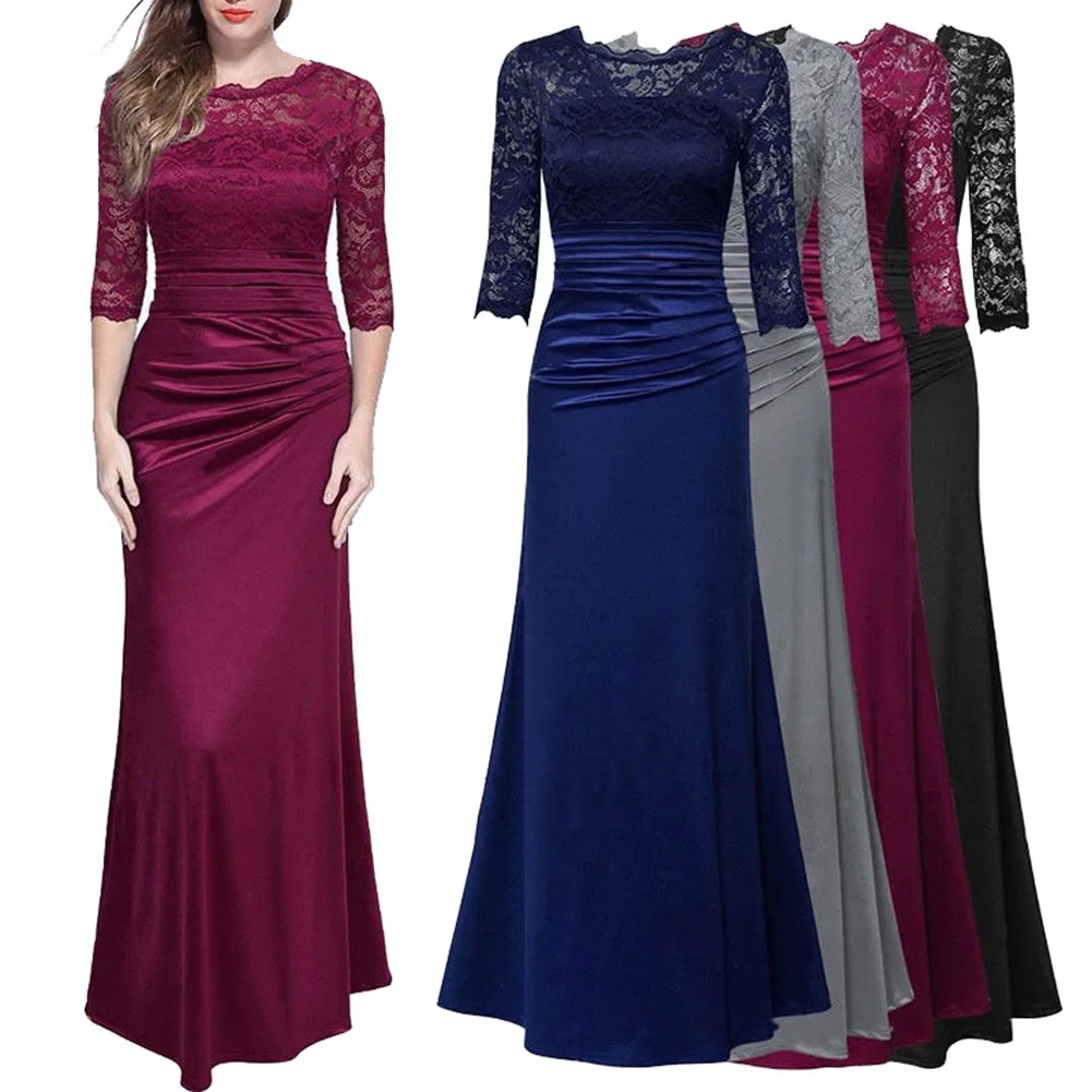 

Fashion Autumn Women Sexy Long Dress Lace Splice Slim Solid Color Elegent Ladies Wedding Party Formal Dresses -MX8