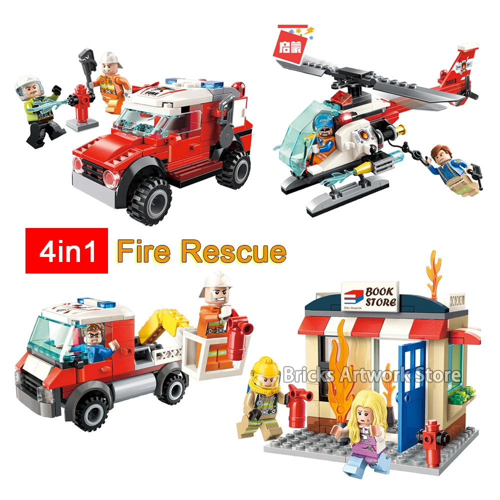 

412PCS 4in1 Set Enlighten City Police Fire Rescue Truck Spray Water Gun Firemen Car Aircraft Minifigs Building Blocks Toys Kids