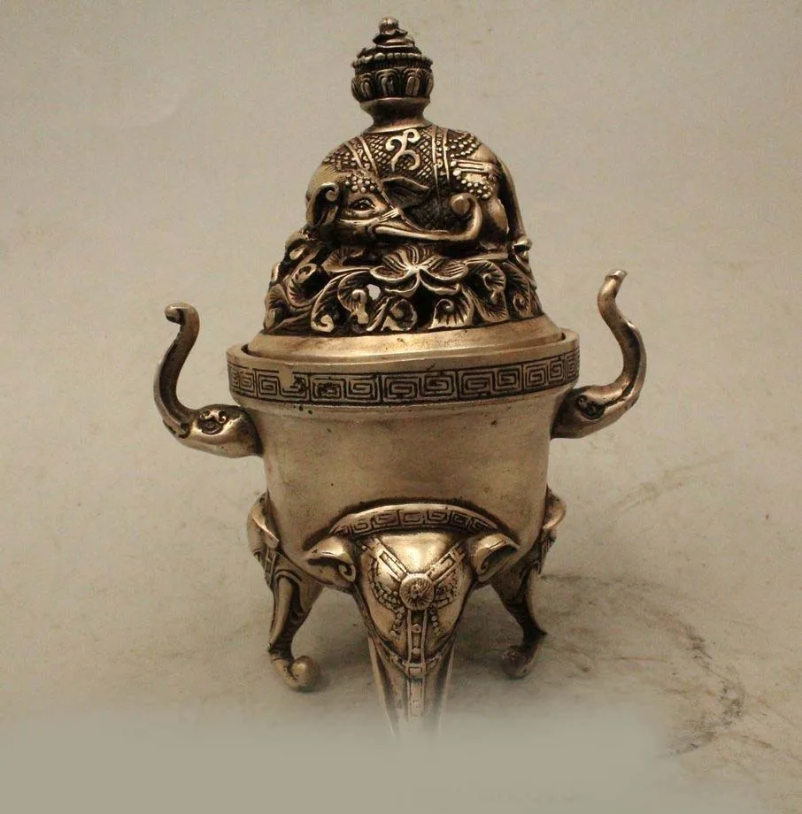 

DS 8" Chinese Dyansty Palace Silver Elephant Handle Dragon Incense Burner Censer