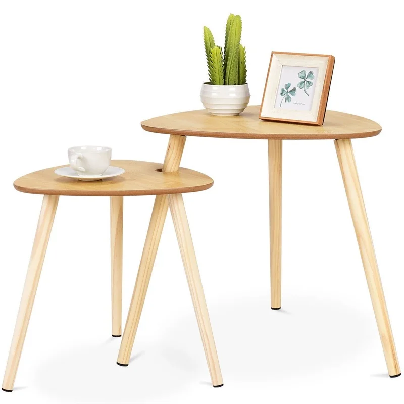 

2 Pcs Nesting Sofa Side Coffee Tables with Wooden Leg Triangle Shape Soft Foamed Pads End Table Set MDF Home Furniture HW59258