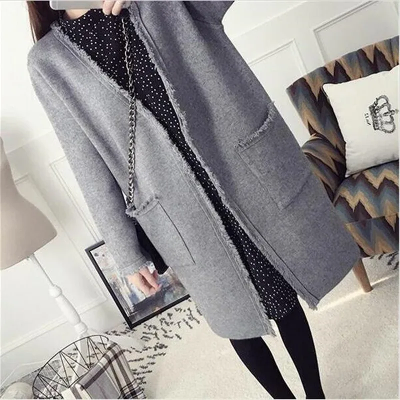 

Autumn Winter knitting cardigan casual wool cardigan long loose sweater v-neck pure color knitted sweater women knitwear coat