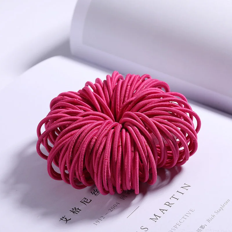 Розово-красный New 100PCS/Lot Girls Candy Colors Nylon 3CM Rubber Bands Children Safe Elastic Hair Bands Ponytail Holder Kids Hair Accessories - Цвет: Розово-красный
