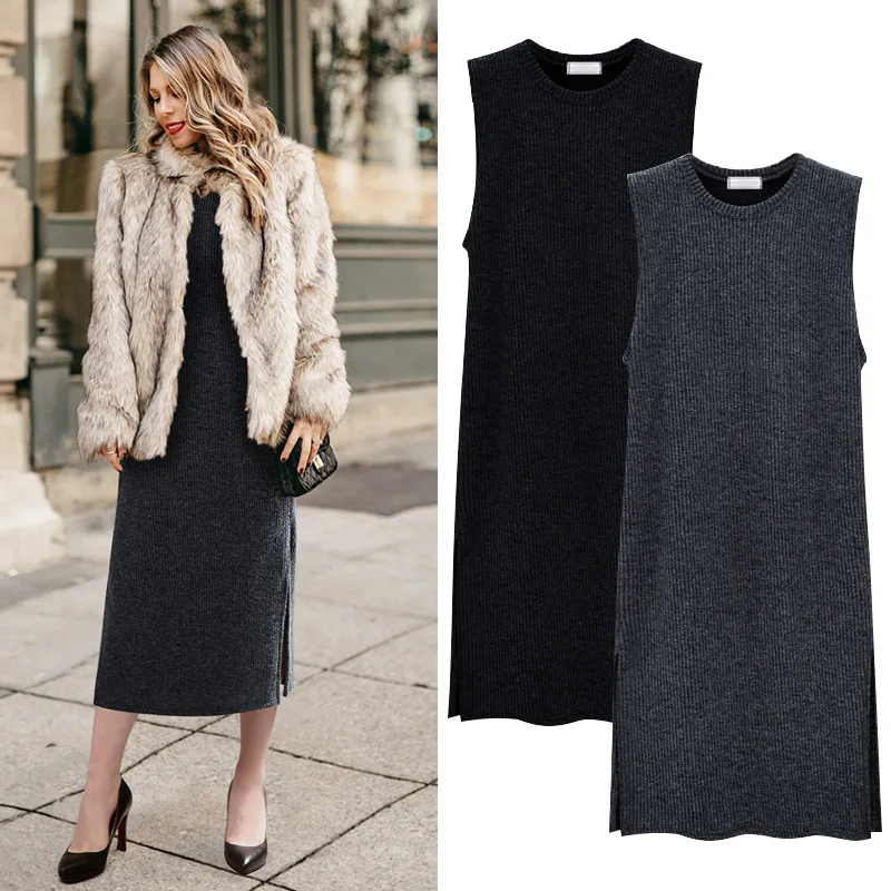 

Knitted Dresses Women Winter Sleeveless Plus Size Long Feminino Dress Vestidos Vest