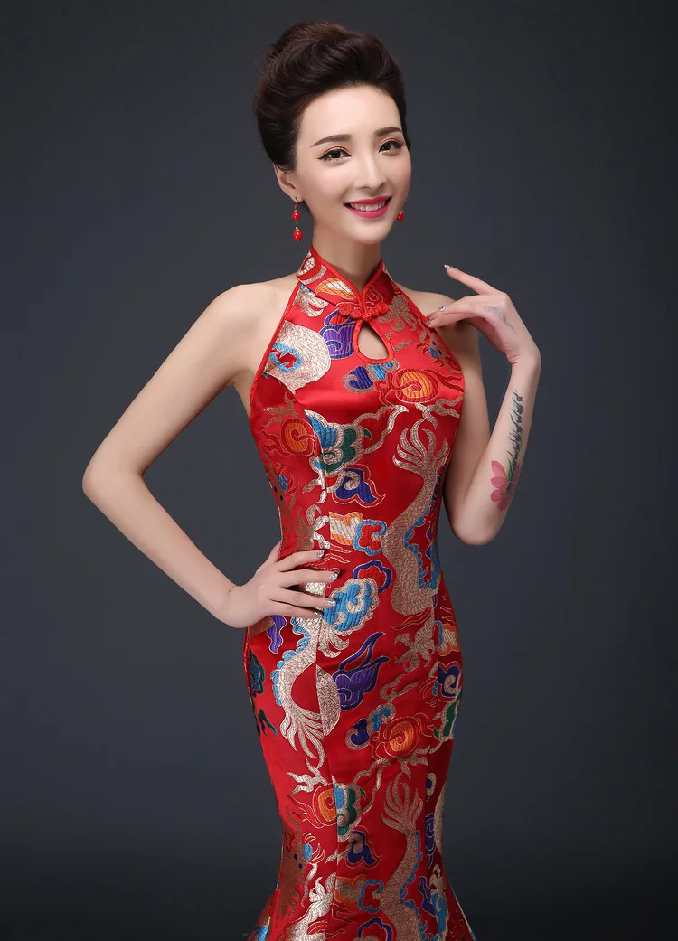 Китайское традиционное платье Красный Qipao Oriental вечернее для женщин спинки Cheongsam Восточно-китайское платье Chines длинные Qi Pao QL