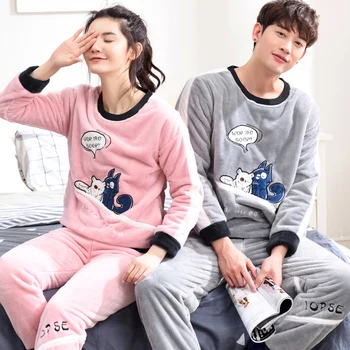 

High Quality Winter Flannel Couple Pajamas Long Sleeve Round Neck Thickening Lovers Pajamas Leisurewear Suit For Couple Pyjamas