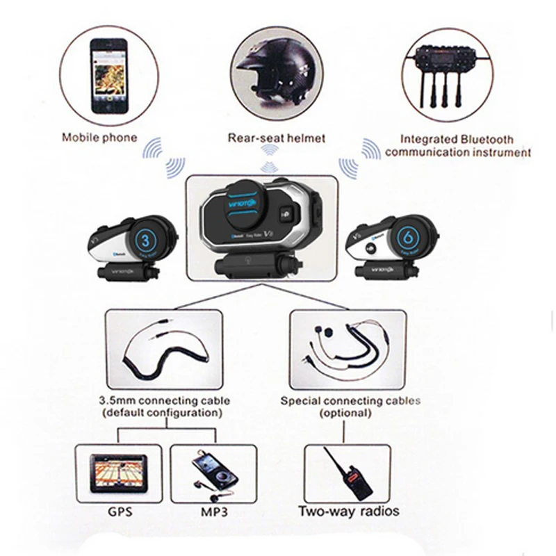 Новая многофункциональная мотоциклетная гарнитура Vimoto V8 2 шт./лот 850 мА/ч Bluetooth для