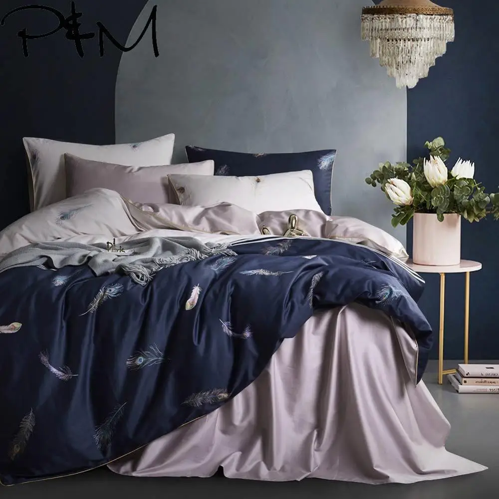 Papa&Mima Feathers print Egyptian cotton Queen King size Luxurious bedding set duvet cover flat sheet pillowcases