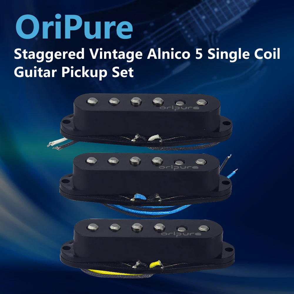 

OriPure Set of Staggered Vintage Alnico 5 Electric Guitar Single Coil Pickups Neck/Middle/Bridge Pickups Black Guitar Parts