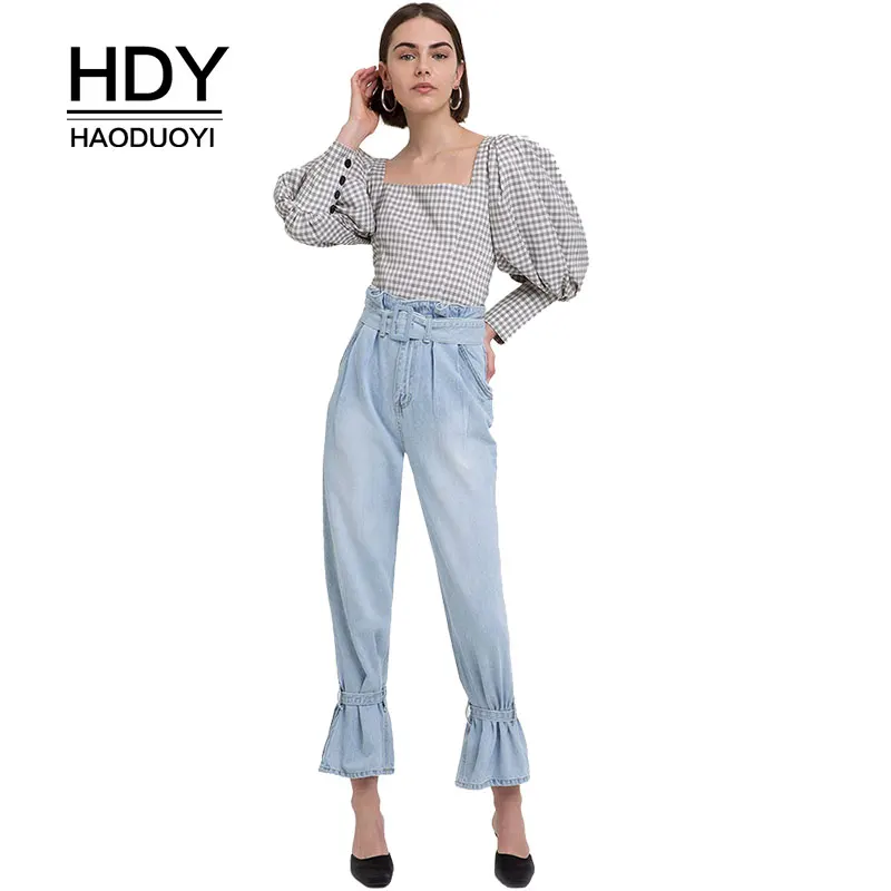 

HDY Haoduoyi Casual Women Slash Neck Long Puff Sleeve Sweet Brief Blouse Plaid Square Neck Regular Button Lattice Female Shirt