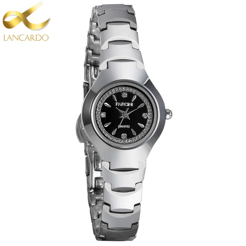 Goedkoop Lancardo ultradunne Vrouwen Horloges Wolframstaal Quartz Dameshorloge Luxe Klok Vrouwen Jurk Zilver Quartz Horloges Met DOOS
