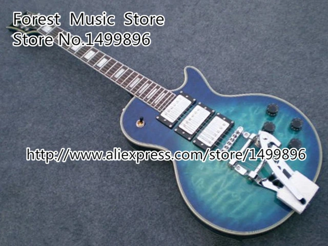 Cheap Top Selling Blue Vintage Quilted Three Pickups LP Custom Electric Guitarras China with Bigsby For Sale