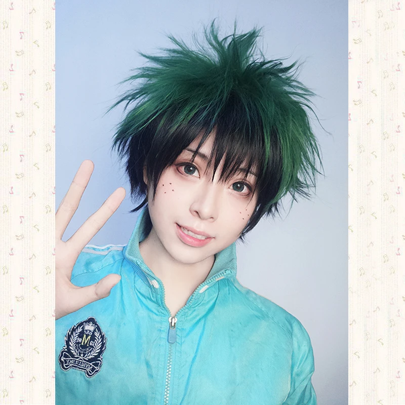 

My Boku no Hero Academia Izuku Midoriya Short Green Black Mix Fluffy Layered Hair Heat Resistant Cosplay Costume Wig + Wig Cap