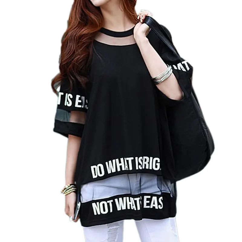 

Hot 2019 Plus Size T Shirt Women Summer Tops Half Sleeve Fashion Hollow Out Letter Printed Long Mesh Tops Female T-Shirt Tees