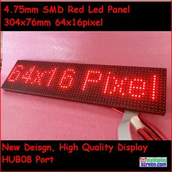 P4.75 smd красный светодио дный модуль, 4,75 мм высокой ясно, top1 для отображения текста, 304*76 мм, 64*16 пикселей, красный monochrom светодио дный панель
