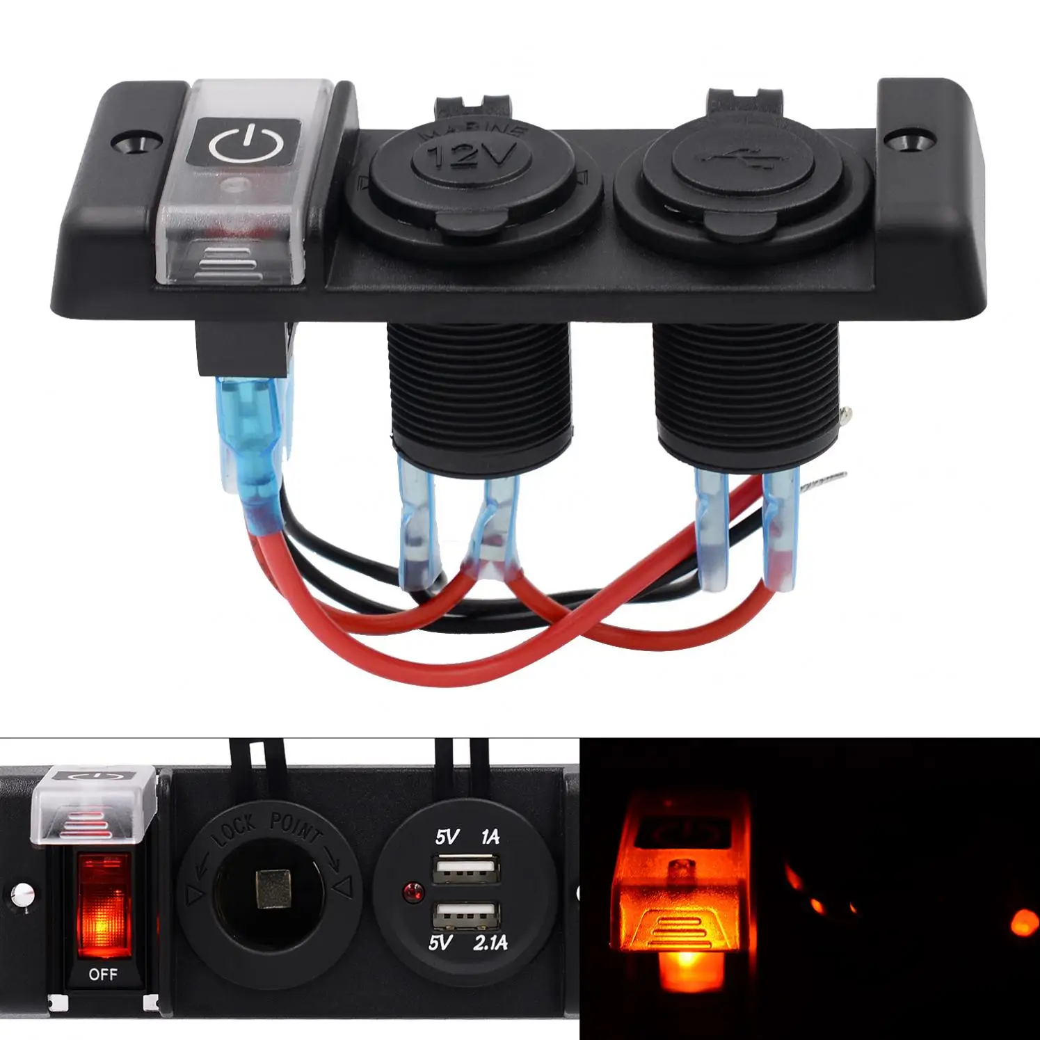 Waterproof 16A Dual USB Car Charger Three Bit Power Control Switch