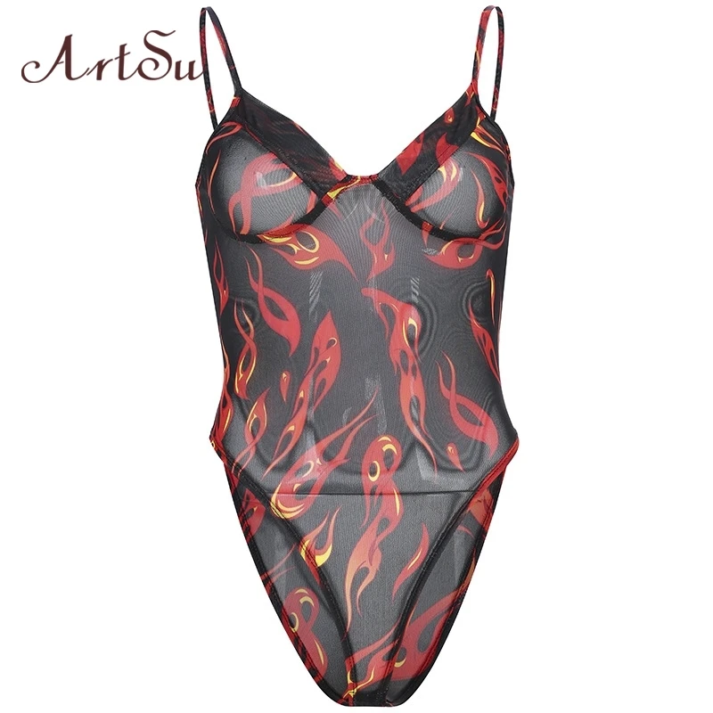 

ArtSu Backless Black Mesh Bodysuit Sexy Transparent Women Deep V Neck See Through Printed Jumpsuit Summer Streetwear ASJU20462