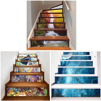 

Yazi 6PCS 3d Abstract Vinyl Stairs Sticker Set Decal PVC Self-Adhesive Stair Wallpaper Mural Stairway Decor 18x100CM