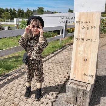 

2019 Autumn New Arrival Korean style clothing sets Leopard-printed hooded hoodie with long pants fashion Suit for cool baby girl