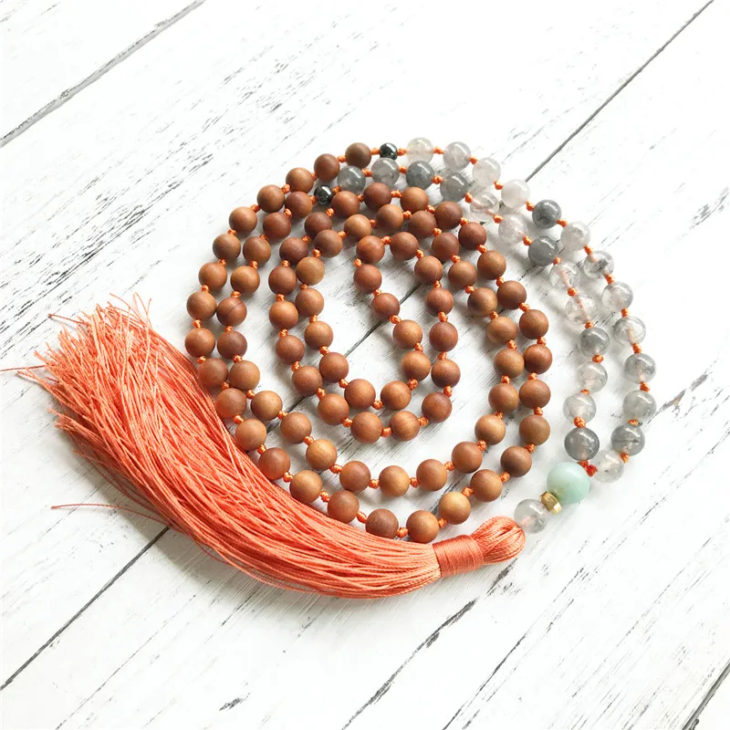 

High Quality sandalwood 108 Mala Beads Necklace Grey Quartz Wooden beads Yoga Mala Meditation Jewelry Knotted Tassel Necklace