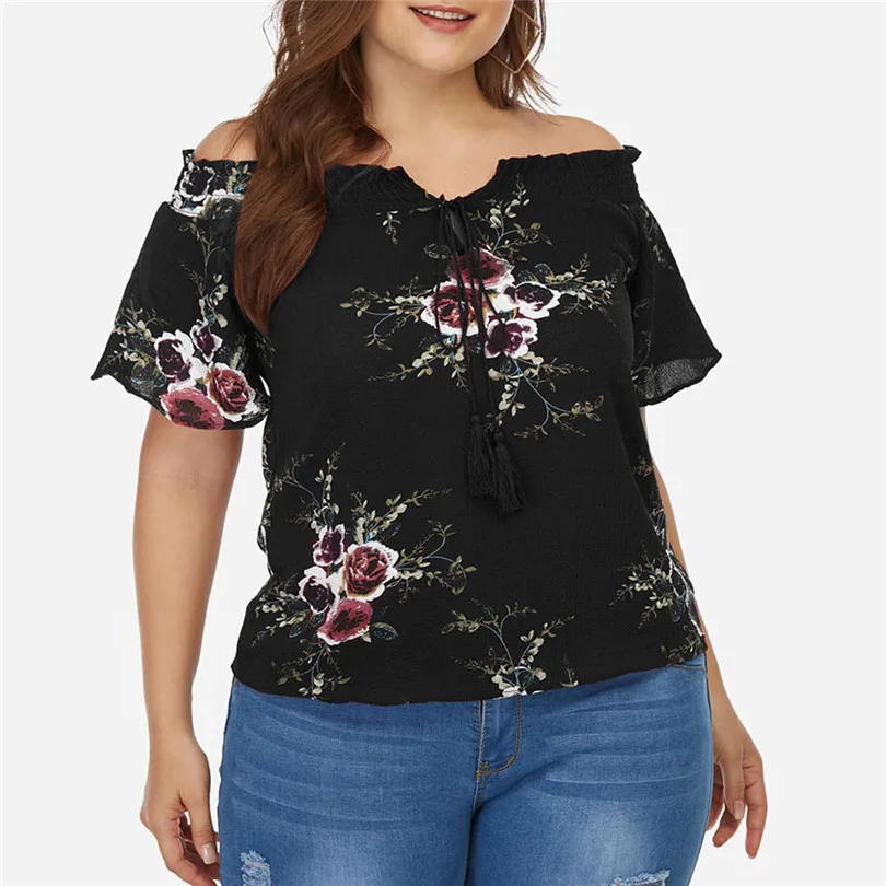 New Fashion Women Summer Casual Daily Plus Size Slash Neck Off Shoulder Floral Print Tassel Ribbons Top #4F05 (2)