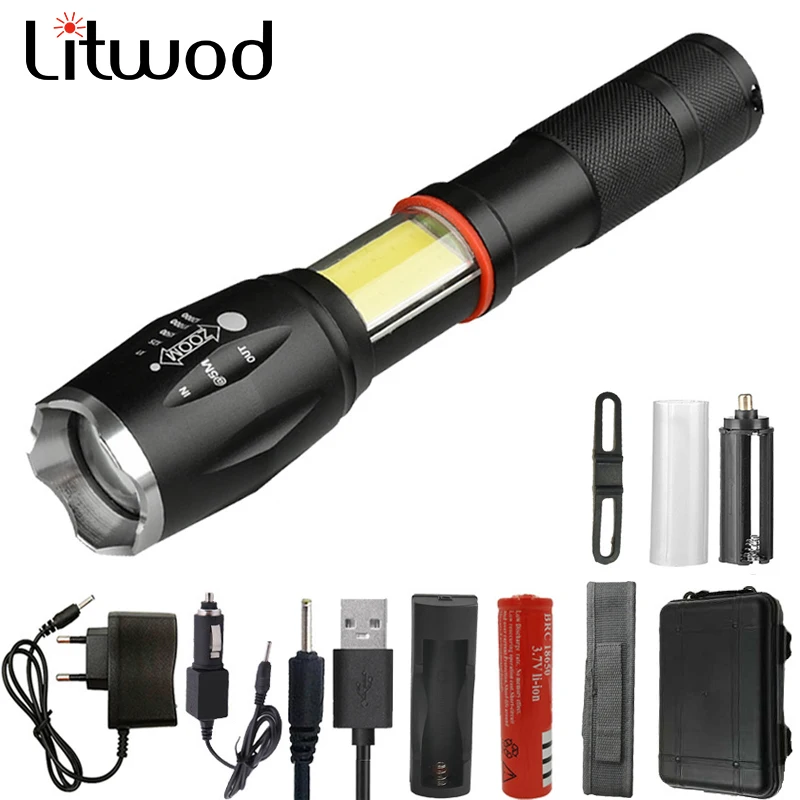 

Z301005A LED Flashlight 5000LM XML-L2 + COB waterproof Torch Zoomable Aluminum alloy Tactics lantern For Camping Portable light