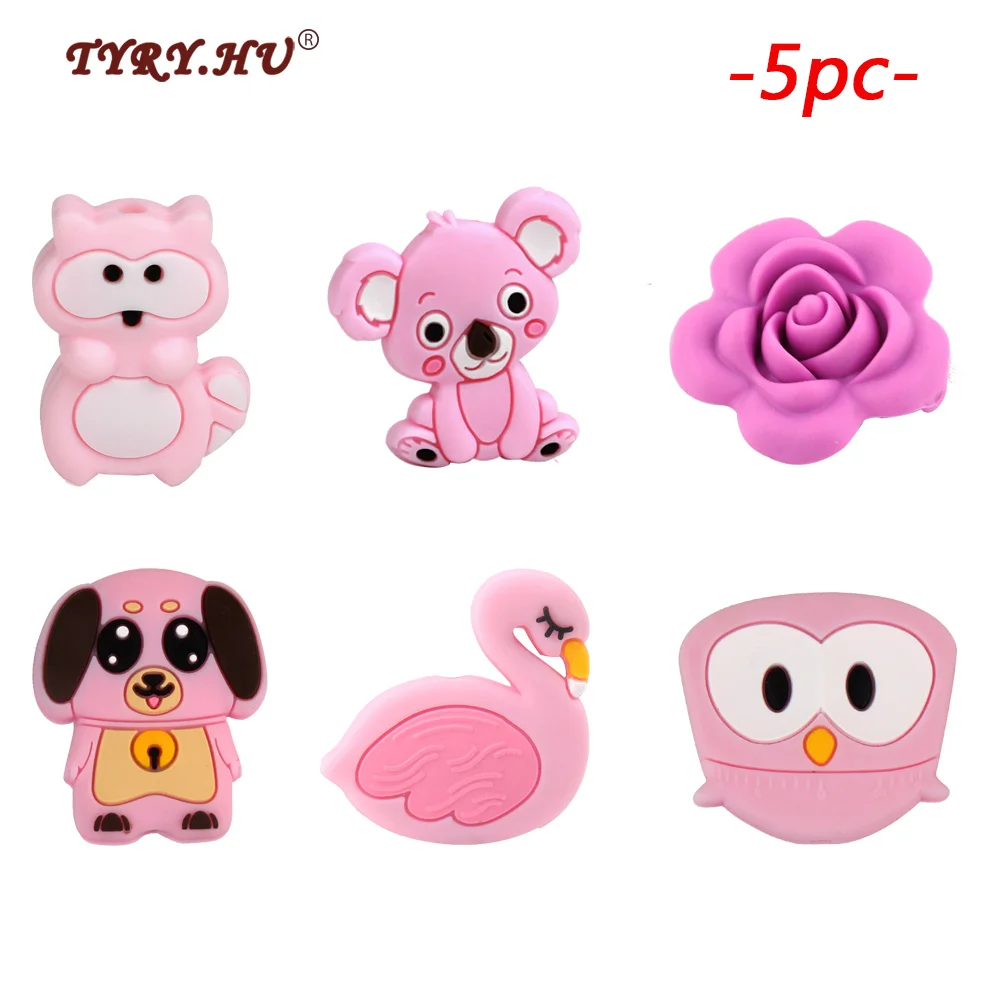 

TYRY.HU 5Pc Silicone Beads Lovely Koala Raccoon Shaped Food Grade Nursing Chewing Teething Beads For Jewelry Making Necklace DIY