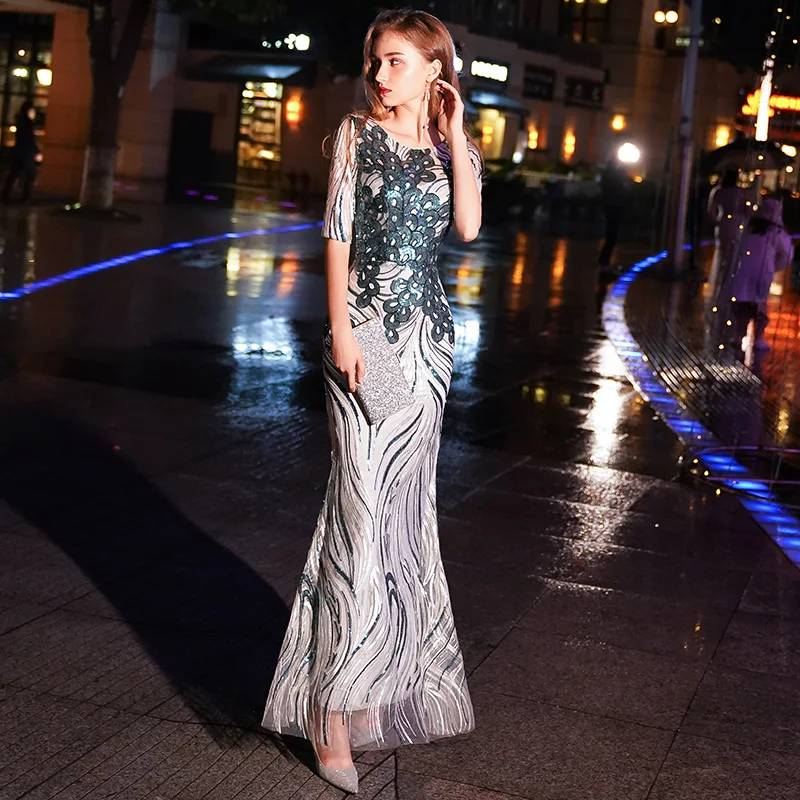 

Real Photo Long Mermaid Evening Gowns 2019 Short Sleeves Lace Zipper Fashion Sexy Elegant Formal Evening Dresses LYFY05