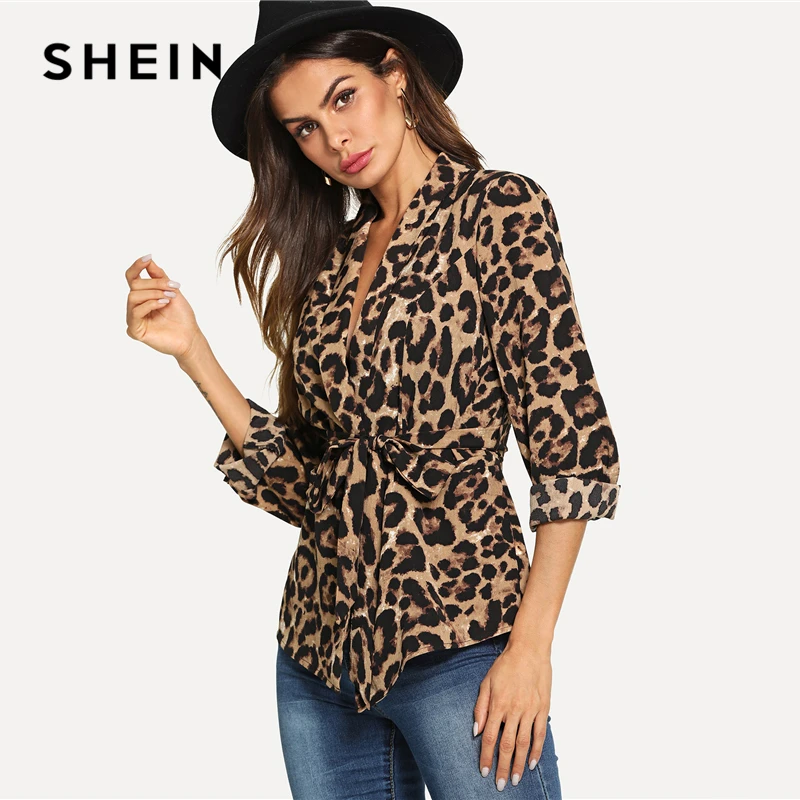 SHEIN Multicolor Highstreet Office Lady Shawl Collar Belted Leopard Print Elegant Blazer Autumn Workwear Women Outerwear