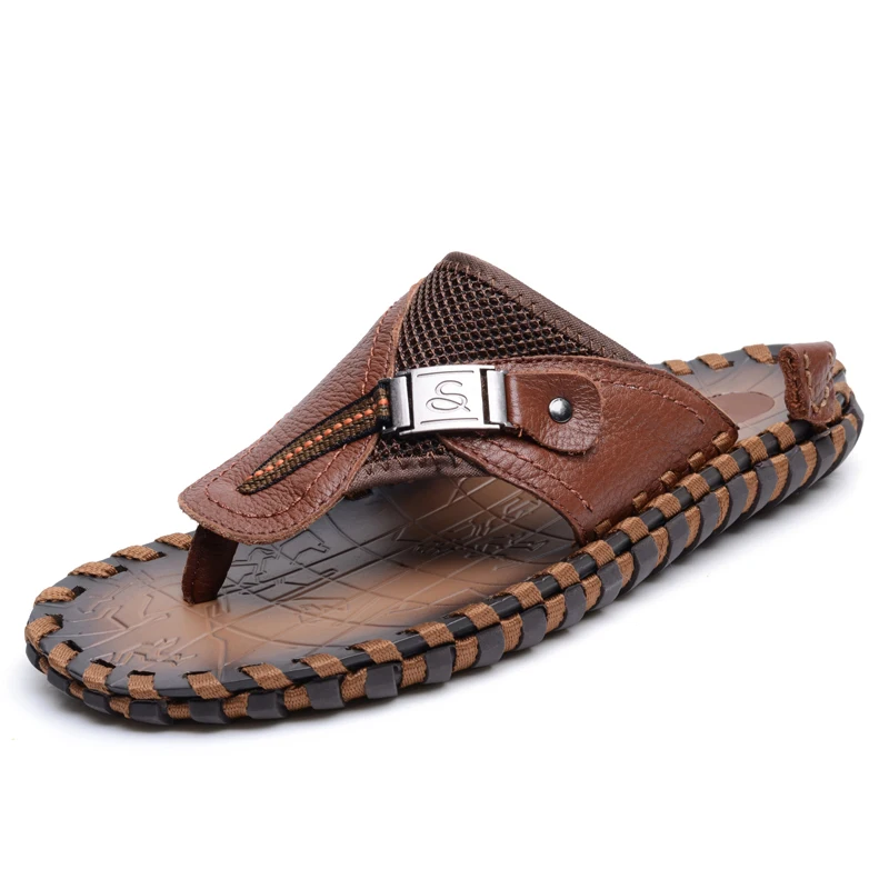 

Viiikecom Brand New Slippers High Quality Handmade Cow Genuine Leather Beach Sandals Cool Men PU Leather Flip Flops Casual Shoes