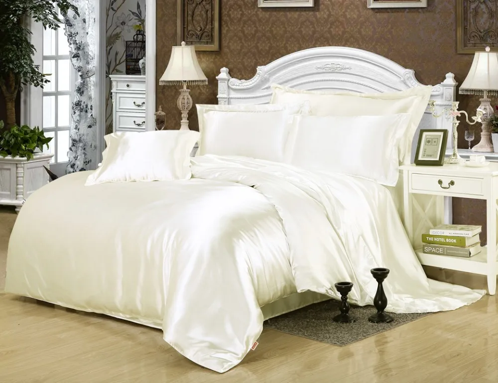 Buy Solid White Color Satin Silk Luxury Cool Bedding