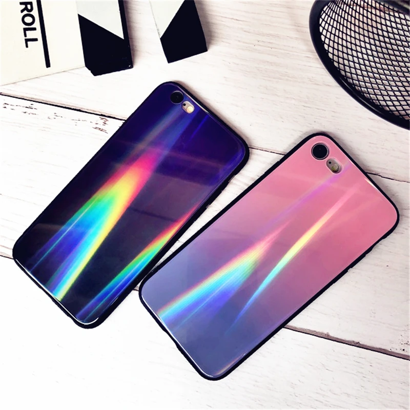 BONVAN For iPhone X 7 8 Plus Tempered Glass Back Case Gradient Color Laser Aurora Silicone Bumper For iPhone 7 6S 8 6 Plus Cover22