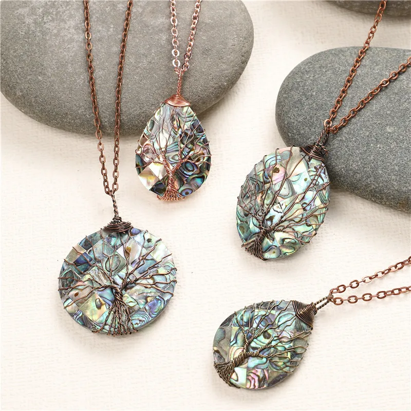 

New Handmade Abalone Shell Pendant Necklaces for Women Tree of Life Copper Wire Wrapped Necklaces Jewelry Long Necklaces Party