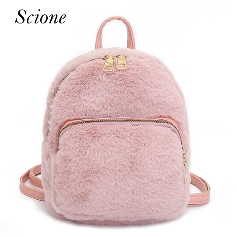

New Arrival Mini Backpack Faux Fur Women Bag Pack Sweet School Bag for Teenager Girls Solid Color Soft Plush Bag Simple Mochila