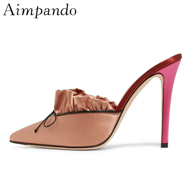 

New Spring Luxury Satin Slippers Women Thin High Heels Pointed Toe Bowknot Shallow Mules Ruffles Outwear Shoes Woman