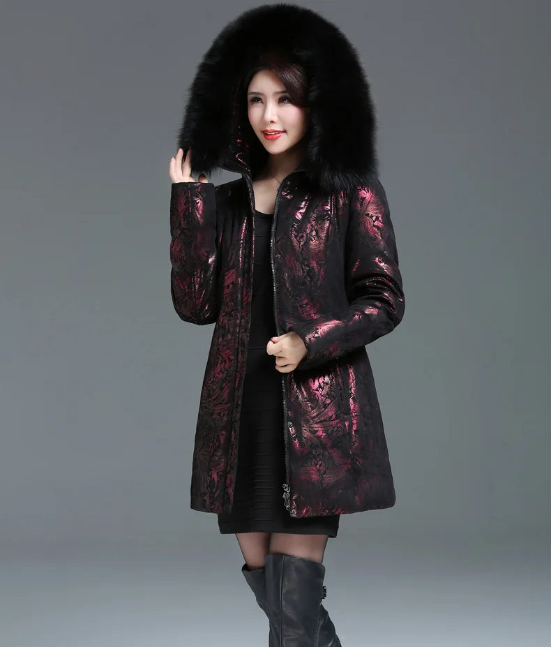 Женская Роскошная куртка-пуховик размера плюс, зимняя женская куртка, воротник-ракон с капюшоном, Женская Толстая теплая парка, верхняя одежда с цветочным принтом