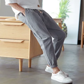 

Cotton Linen Joggers Black Men's Harem Pants Harajuku Fitness Lace Up Spring Mens Trousers 2019 Summer Streetwear Clothes Male