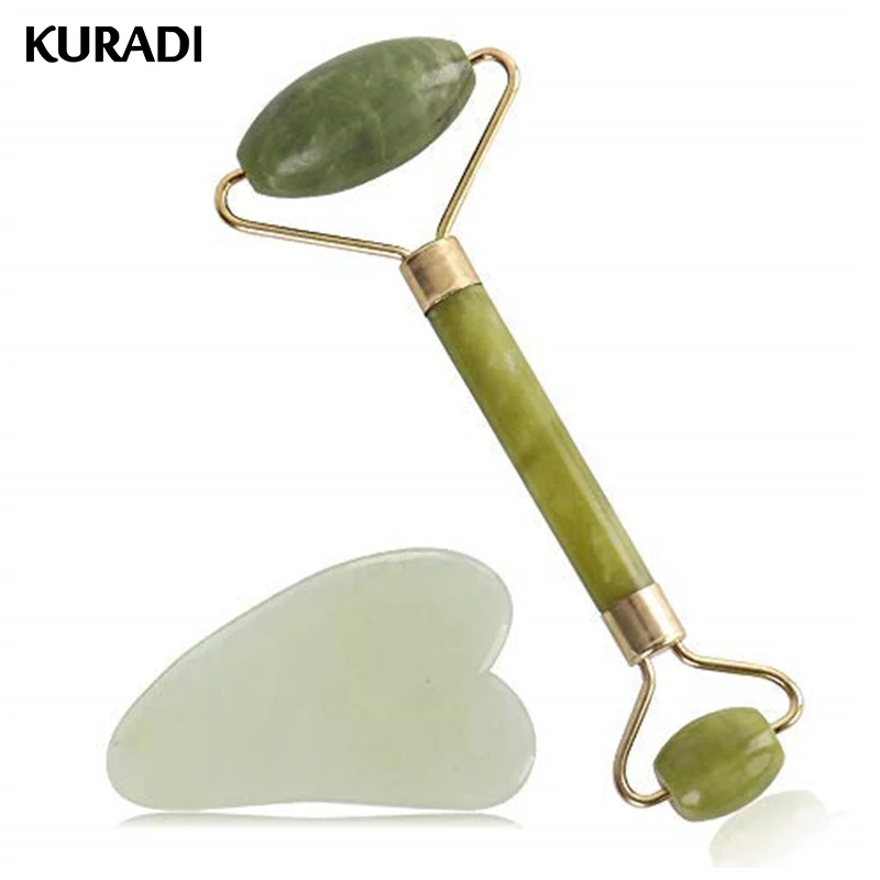 

1pcs Green Natural Massage Jade Roller+1pcs Jade GuaSha Board Face-lift Health Care Slim Relaxtion Roller Scraping Tool Premium