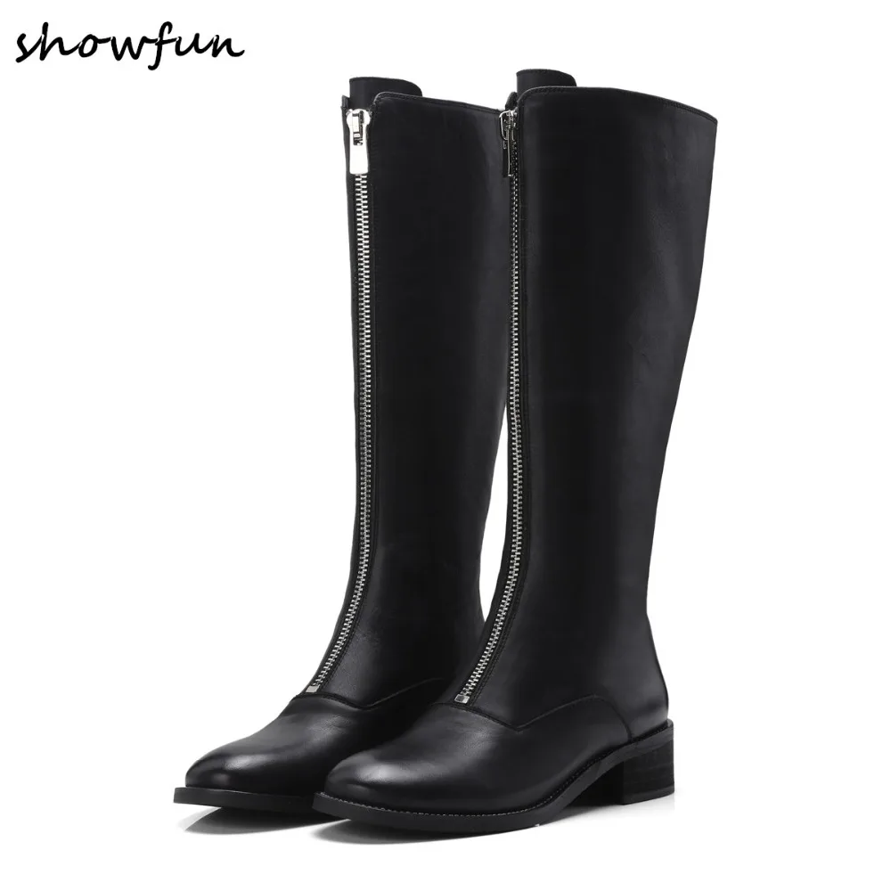 

Women's Genuine Leather Gradient Toe Front Zip Flats Knee High Boots Brand Design Leisure Long Winter Boots Punk Shoes for Women
