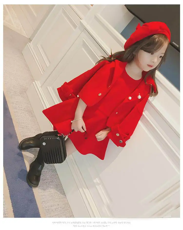 

2016 Winter New Girl Three Piece Sets Woolen Sundress+Outerwear+Hats Fashion Outfits Children Clothing 598