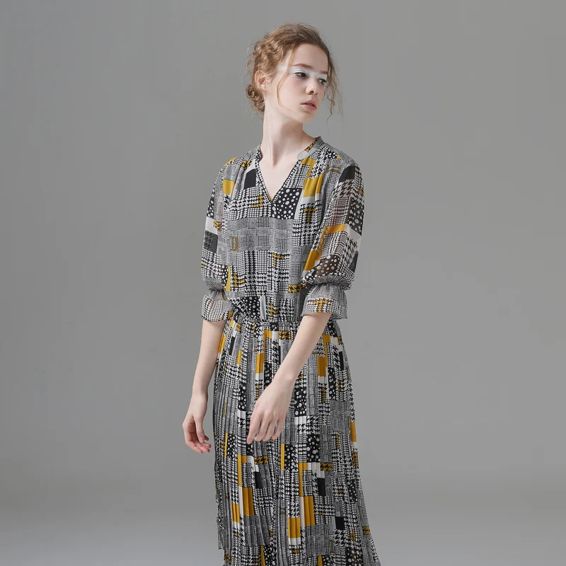 Женское платье с геометрическим принтом V образным вырезом и рукавом 2019|long dress|summer