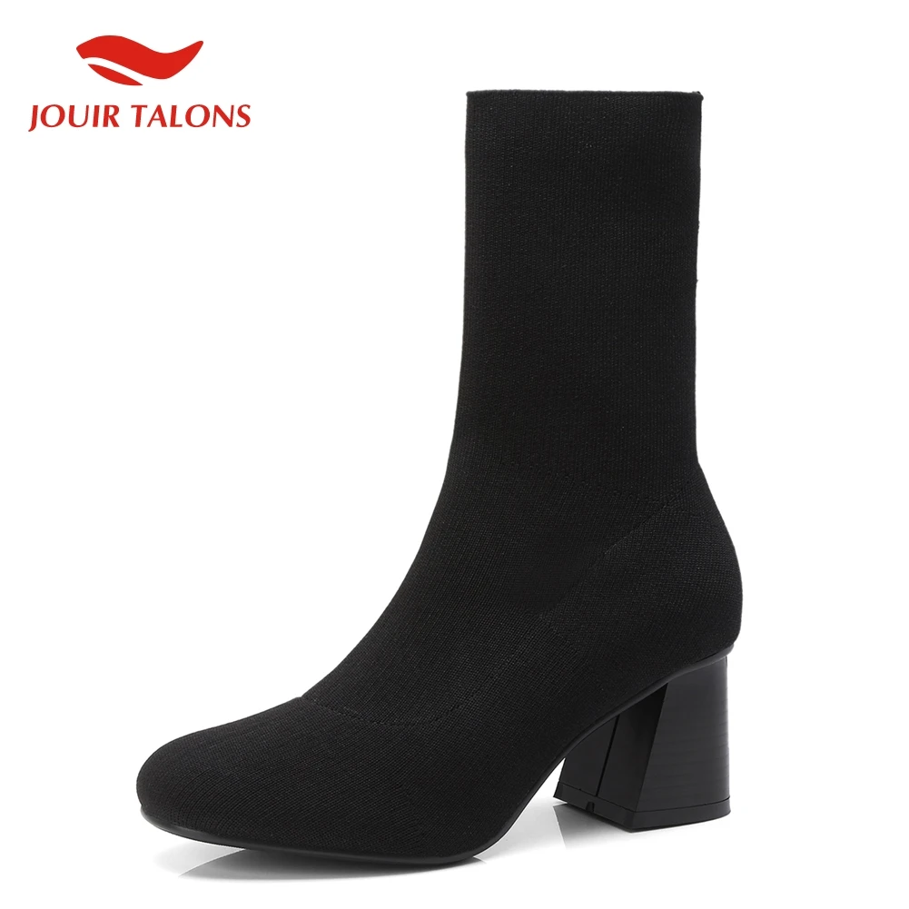

fashion size 33-42 luxury brand hoof high heels summer boots woman shoes slip on mid calf boots female shoes woman sock boots