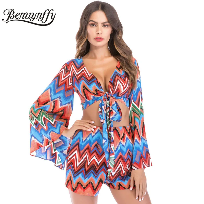 

Benuynffy Fall Women Two Piece Outfits Sexy Deep V-neck Knot Front Wrap Top and Shorts Set Boho Print Long Sleeve Beachwear