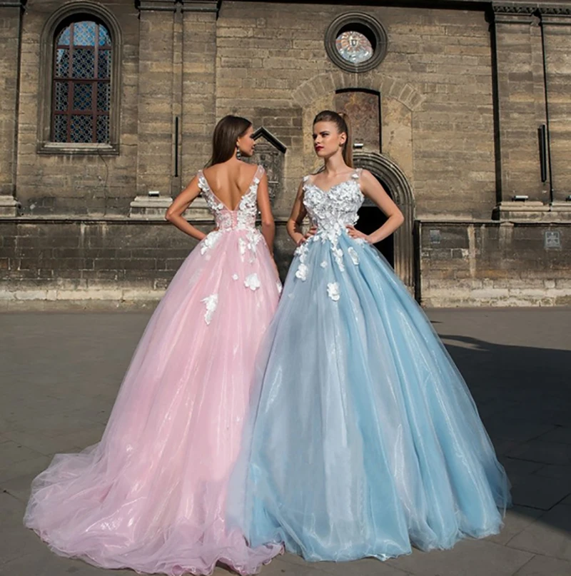 

Verngo 2019 Fashion Flowers Appliques Tulle Evening Dress Sleeveless Sweep Train Ball Gown Backless Evening Dress