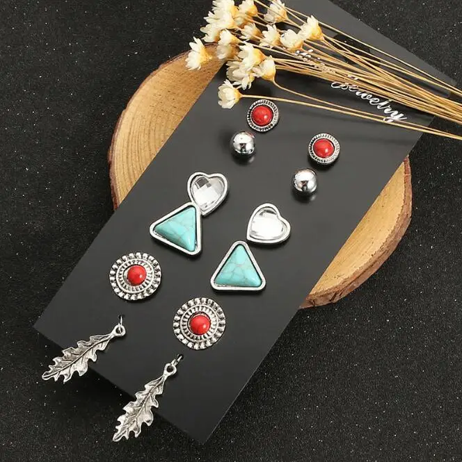 Fashion Accessories Stud Earring Pack Set 6 Pairs Love leaves Round