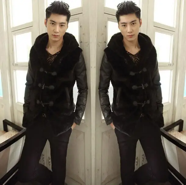 

Black Horn button fashion warm faux Sable fur coat mens leather jacket men coats slim winter thermal outerwear splice 3XL