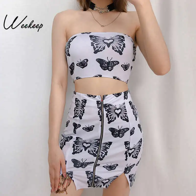 

Weekeep Women Printed Crop Top And Skirt Two Piece Set 2019 Summer Strapless Streetwear Tracksuit Women